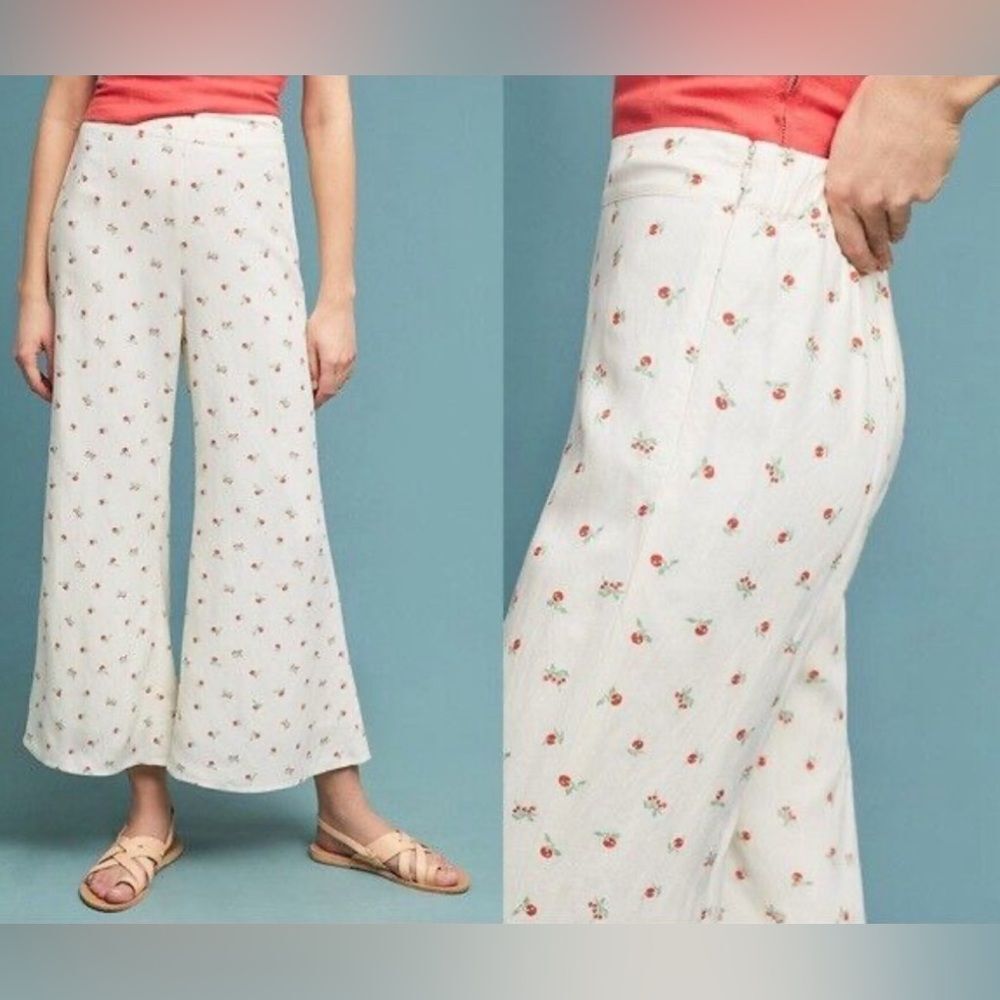 Anthropologie Feather Bone Talese Wide Leg Linen Blend Cherry Print Pants Sz 6